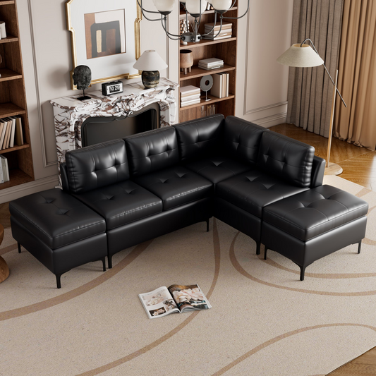 Sofa & Chair sets | L-Shaped Corner Sofa Pu Leather Sectional Sofa Couch with Movable Storage Ottomans for Living Room, Black | casafoyer.myshopify.com