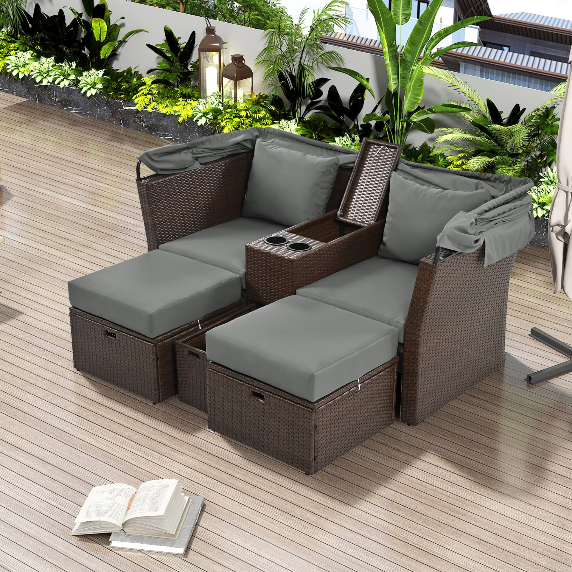 Patio Furntiure Sets | 2-Seater Outdoor Patio Daybed Outdoor Double Daybed Outdoor Loveseat Sofa Set with Foldable Awning and Cushions for Garden, Balcony, Poolside, Grey | casafoyer.myshopify.com