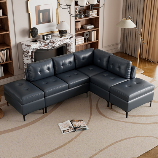 [product_type] | 94.88" L-Shaped Corner Sofa Pu Leather Sectional Sofa Couch with Movable Storage Ottomans for Living Room, Blue | casafoyer.myshopify.com