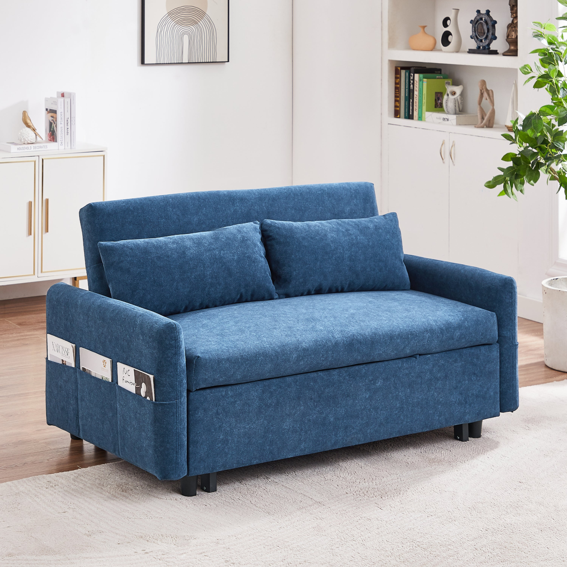 [product_type] | 55.1" Pull Out Sleep Sofa Bed Loveseats Sofa Couch with Adjsutable Backrest, Storage Pockets, 2 Soft Pillows, USB Ports for Living Room, Bedroom, Apartment, Office, Blue | casafoyer.myshopify.com