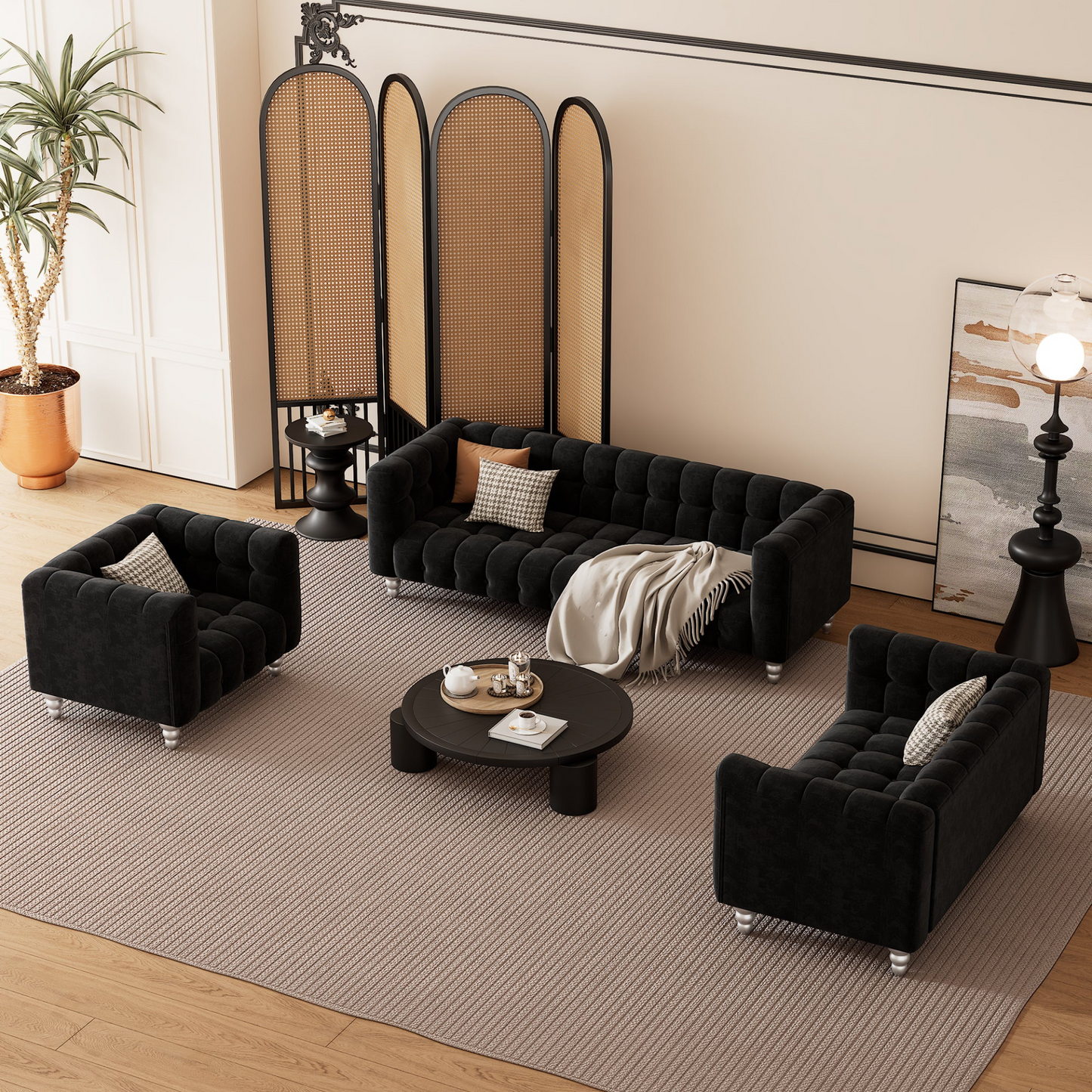 Sofa & Chair sets | Modern 3-piece sofa set with solid wood legs, buttoned tufted backrest, Dutch fleece upholstered sofa set including three-seater sofa, double seat and living room furniture set single chair, black | casafoyer.myshopify.com