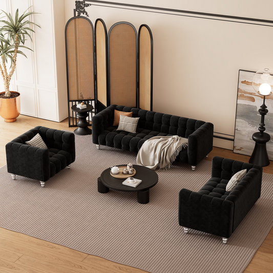 Sofa & Chair sets | Modern 3-piece sofa set with solid wood legs, buttoned tufted backrest, Dutch fleece upholstered sofa set including three-seater sofa, double seat and living room furniture set single chair, black | casafoyer.myshopify.com