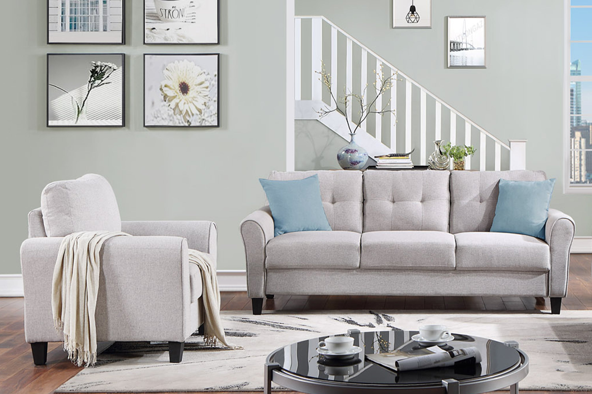 Sofa & Chair sets | Modern Living Room Sofa Set Linen Upholstered Couch Furniture for Home or Office ,Light Grey,1+3-Seat | casafoyer.myshopify.com