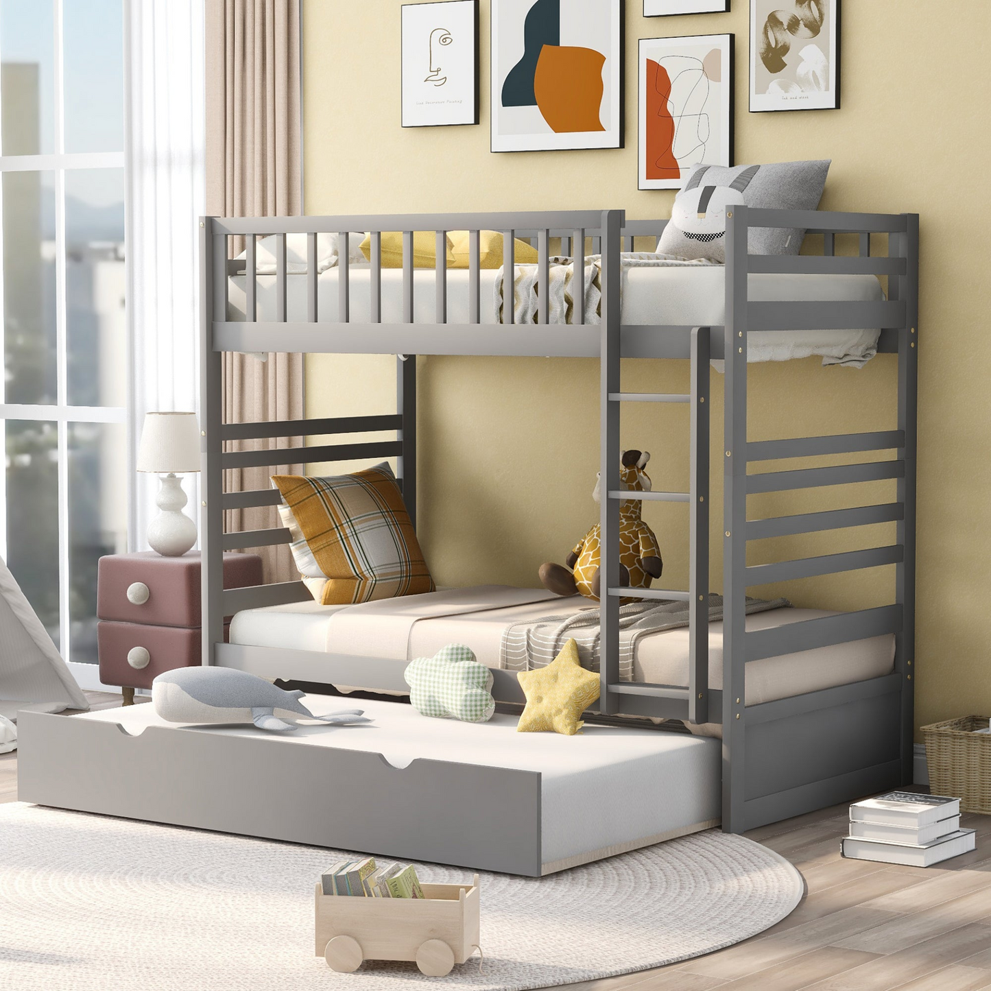 Bed | Twin Bunk Beds for Kids with Safety Rail and Movable Trundle bed | casafoyer.myshopify.com