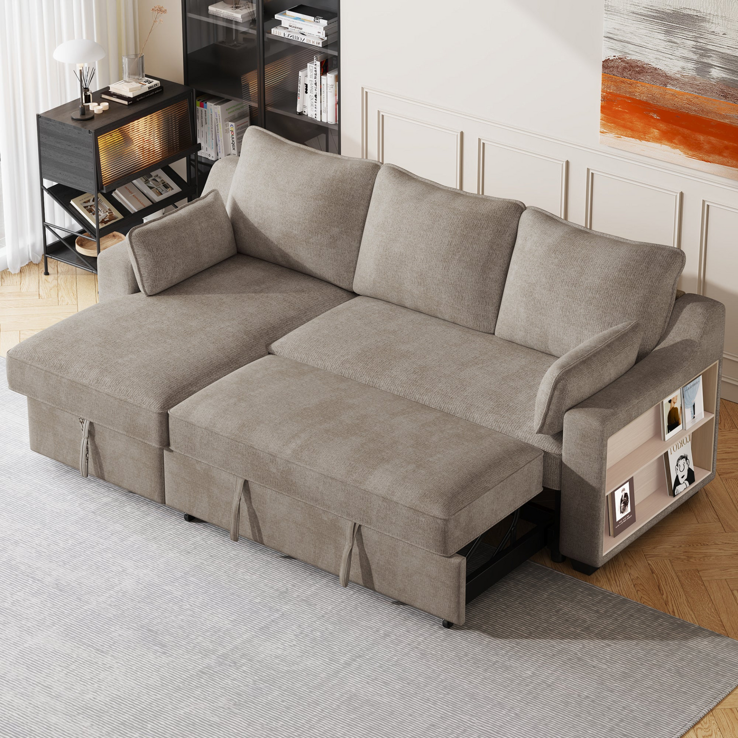 [product_type] | 90" Pull Out Sleeper Sofa L-Shaped Couch Convertible Sofa Bed with Storage Chaise, Storage Racks and USB Ports, Light Brown | casafoyer.myshopify.com