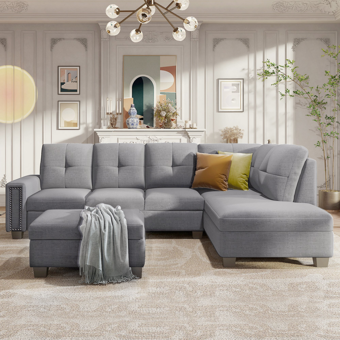 Sofa & Chair sets | Reversible Sectional Sofa with Storage Ottoman - Space Saving L-shape Couch for Large Space | casafoyer.myshopify.com