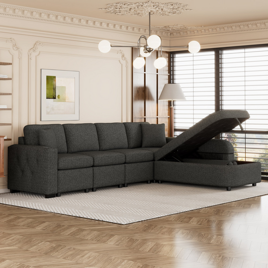 [product_type] | 109.8" L-shaped Couch Sectional Sofa with Storage Chaise, Cup Holder, and USB Ports - Black | Ecommerce SEO | casafoyer.myshopify.com