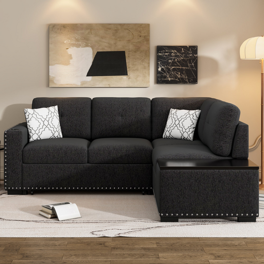 Sofa & Chair sets | Sectional Pull-Out Sofa Bed L-Shaped Corner Sofa Couch with Storage Chaise, USB Ports, Power Sockets, Cup Holder for Living Room, Bedroom, Study, Black | casafoyer.myshopify.com