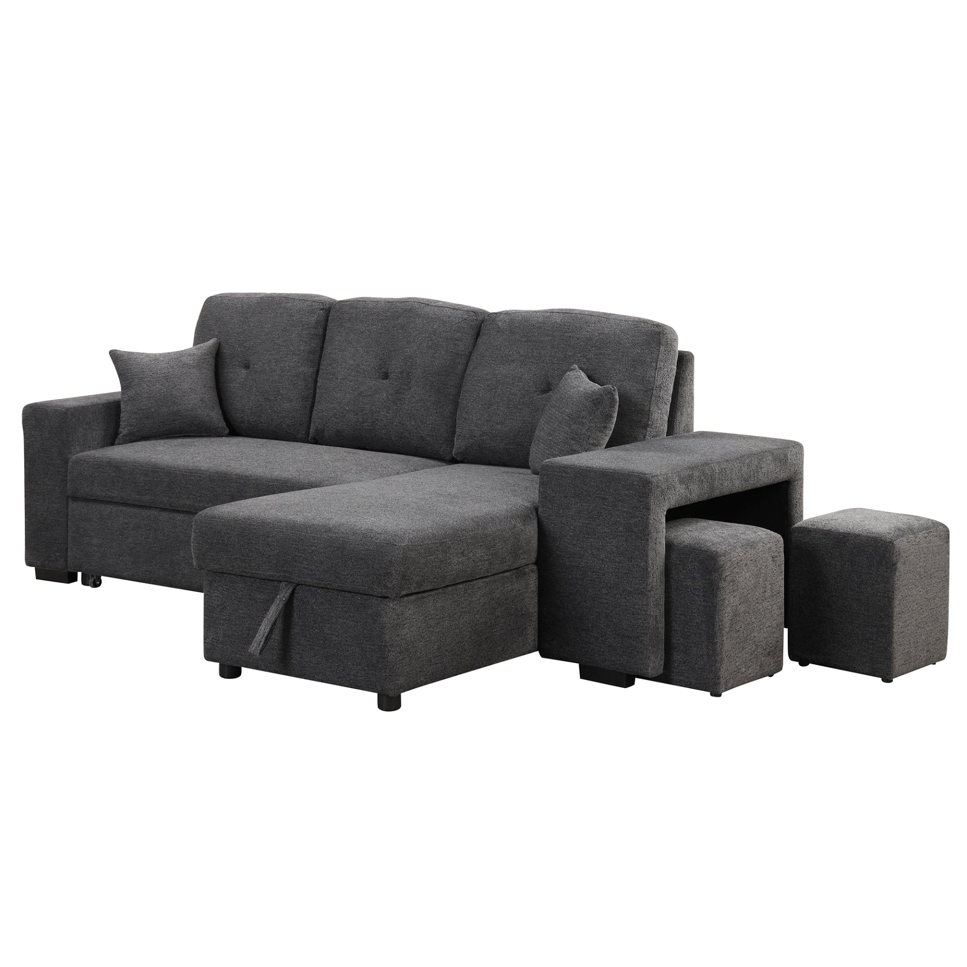 Sofa & Chair sets | Reversible Sleeper Sectional Sofa Bed with Side Shelf and 2 Stools - Blue Black | casafoyer.myshopify.com