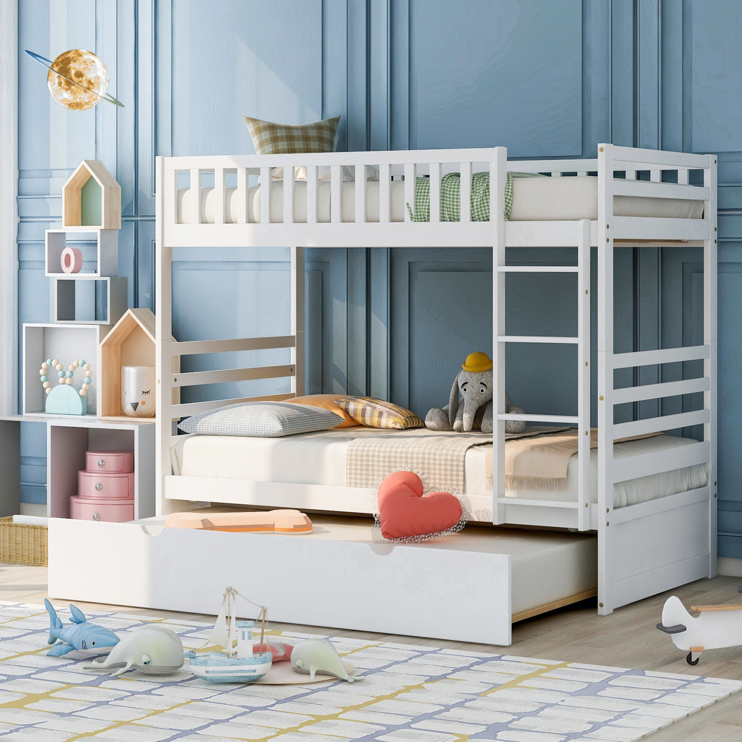 Bed | Twin Bunk Beds for Kids with Safety Rail and Movable Trundle bed | casafoyer.myshopify.com