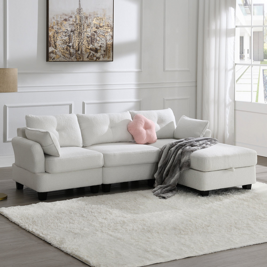 [product_type] | 92*63"Modern Teddy Velvet Sectional Sofa,Charging Ports on Each Side,L-shaped Couch with Storage Ottoman,4 seat Interior Furniture for Living Room, Apartment,3 Colors(3 pillows) | casafoyer.myshopify.com