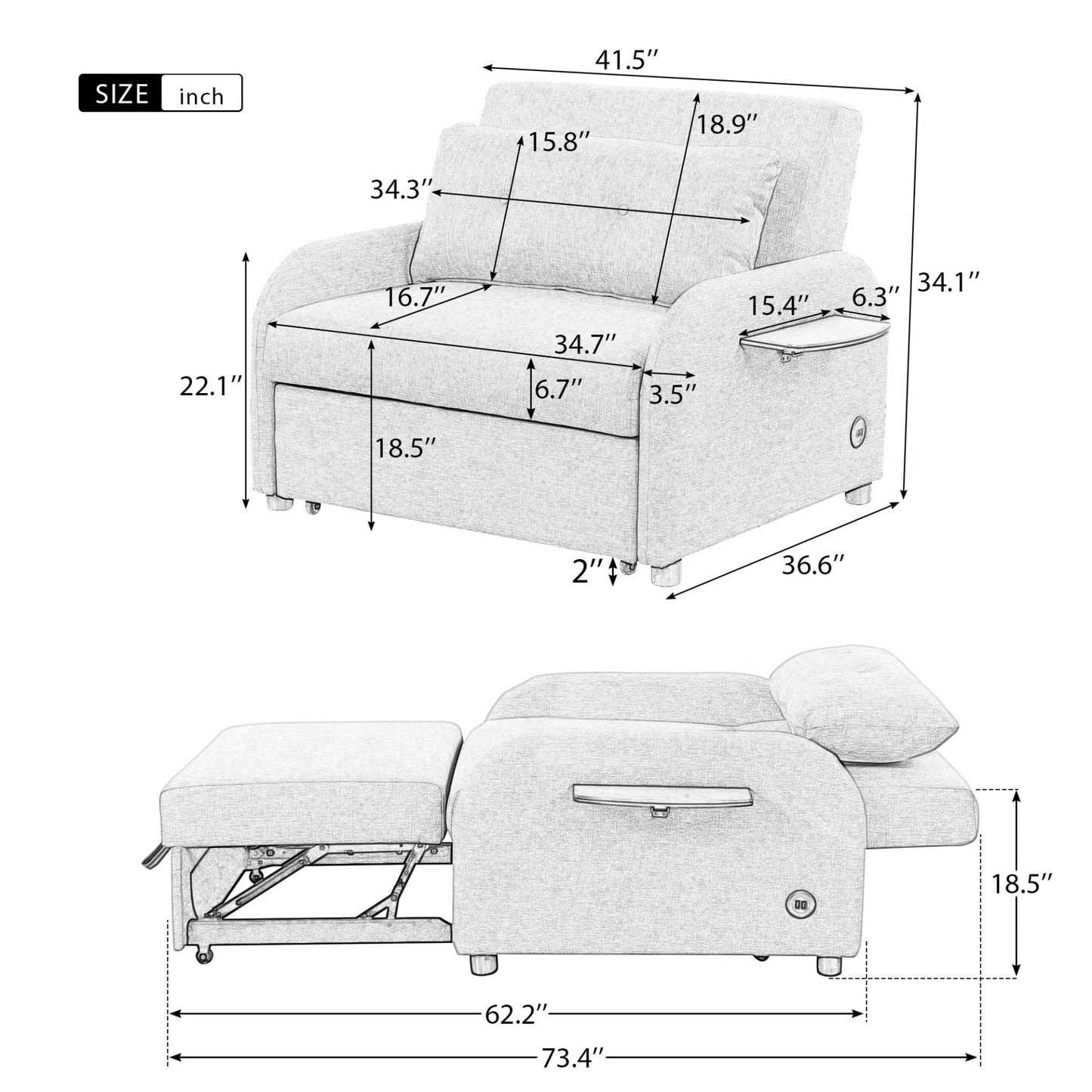 Sofa & Chair sets | Pull Out Sofa Sleeper 3 in 1 with 2 Wing Table and USB Charge for Living Room Recreation Room - Grey | casafoyer.myshopify.com