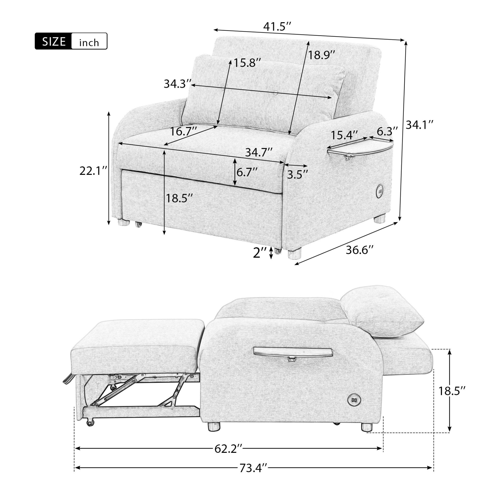 Sofa & Chair sets | Pull Out Sofa Sleeper 3 in 1 with 2 Wing Table and USB Charge for Living Room Recreation Room - Grey | casafoyer.myshopify.com