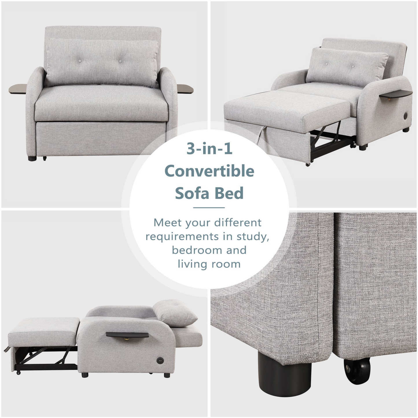 Sofa & Chair sets | Pull Out Sofa Sleeper 3 in 1 with 2 Wing Table and USB Charge for Living Room Recreation Room - Grey | casafoyer.myshopify.com