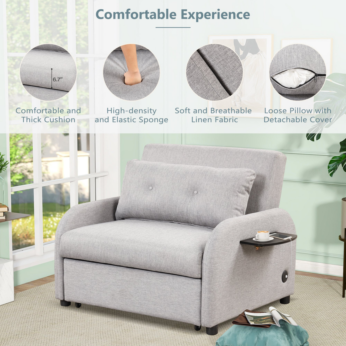 Sofa & Chair sets | Pull Out Sofa Sleeper 3 in 1 with 2 Wing Table and USB Charge for Living Room Recreation Room - Grey | casafoyer.myshopify.com