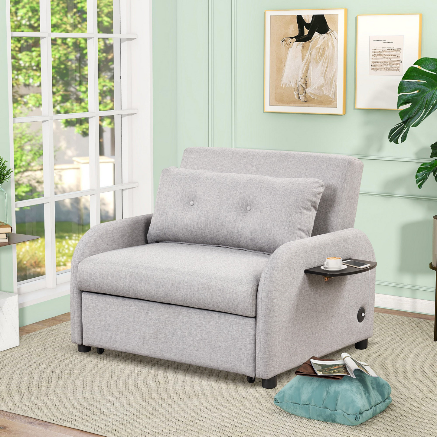 Sofa & Chair sets | Pull Out Sofa Sleeper 3 in 1 with 2 Wing Table and USB Charge for Living Room Recreation Room - Grey | casafoyer.myshopify.com