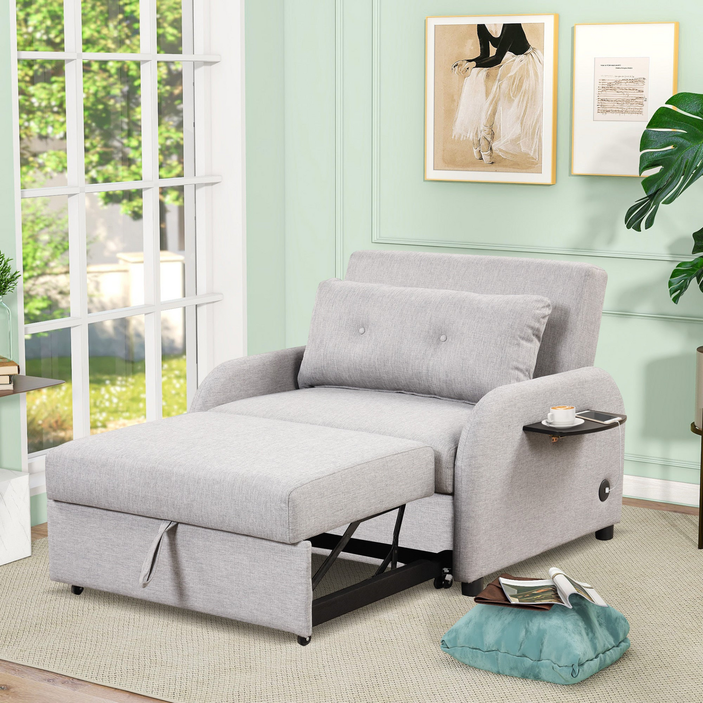 Sofa & Chair sets | Pull Out Sofa Sleeper 3 in 1 with 2 Wing Table and USB Charge for Living Room Recreation Room - Grey | casafoyer.myshopify.com