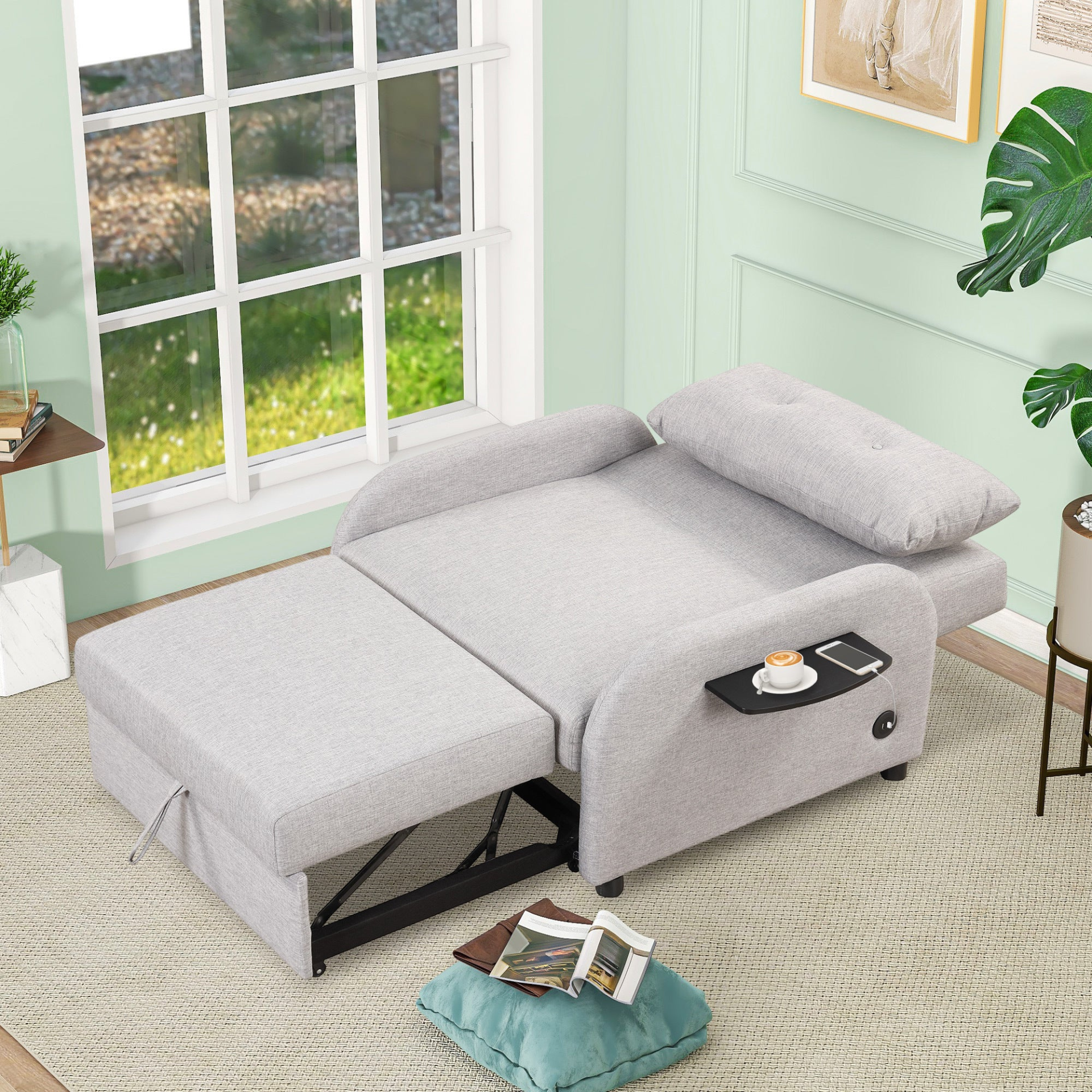 Sofa & Chair sets | Pull Out Sofa Sleeper 3 in 1 with 2 Wing Table and USB Charge for Living Room Recreation Room - Grey | casafoyer.myshopify.com