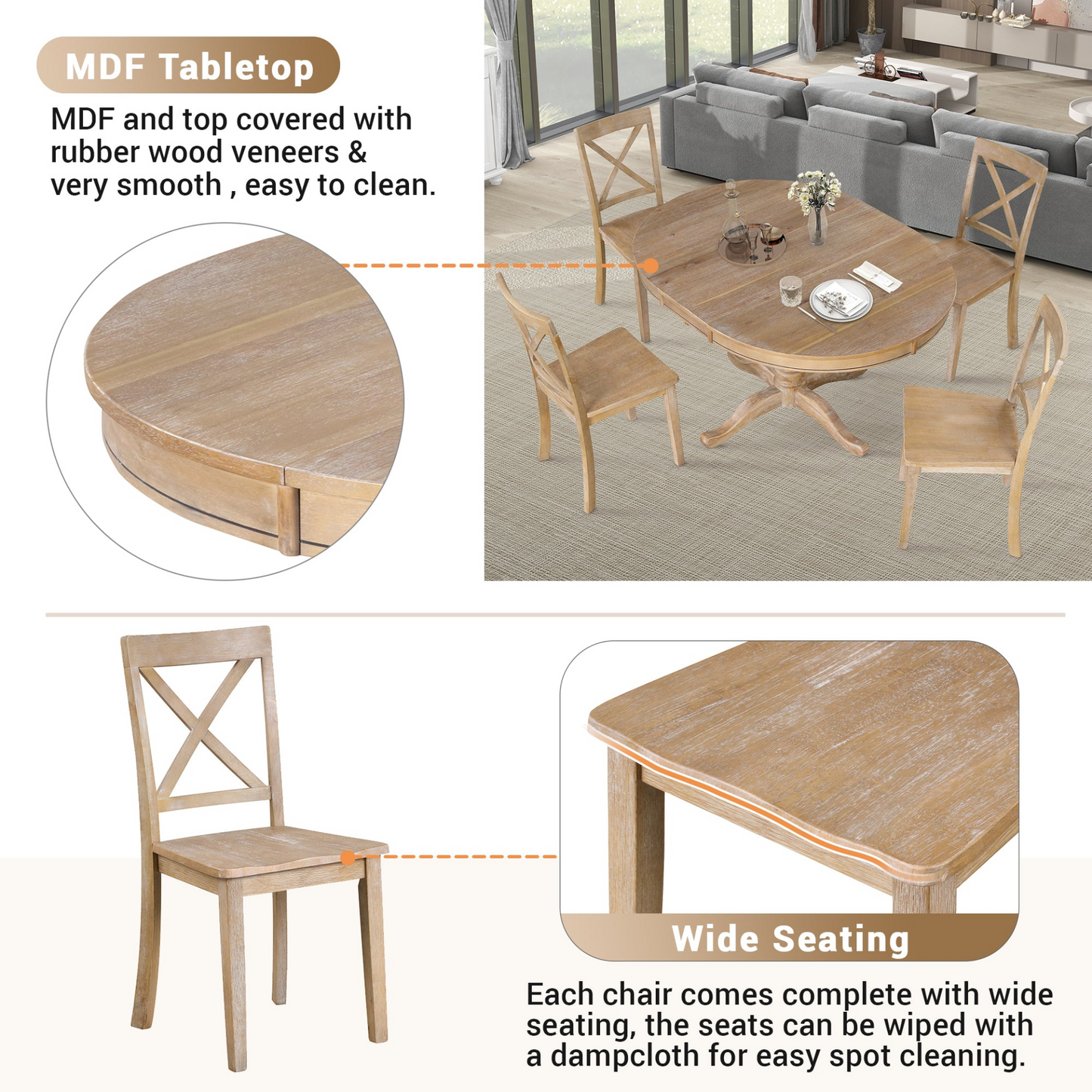 Dining Table | Modern Dining Table Set for 4,Round Table and 4 Kitchen Room Chairs,5 Piece Kitchen Table Set for Dining Room,Dinette,Breakfast Nook,Natural Wood Wash | casafoyer.myshopify.com