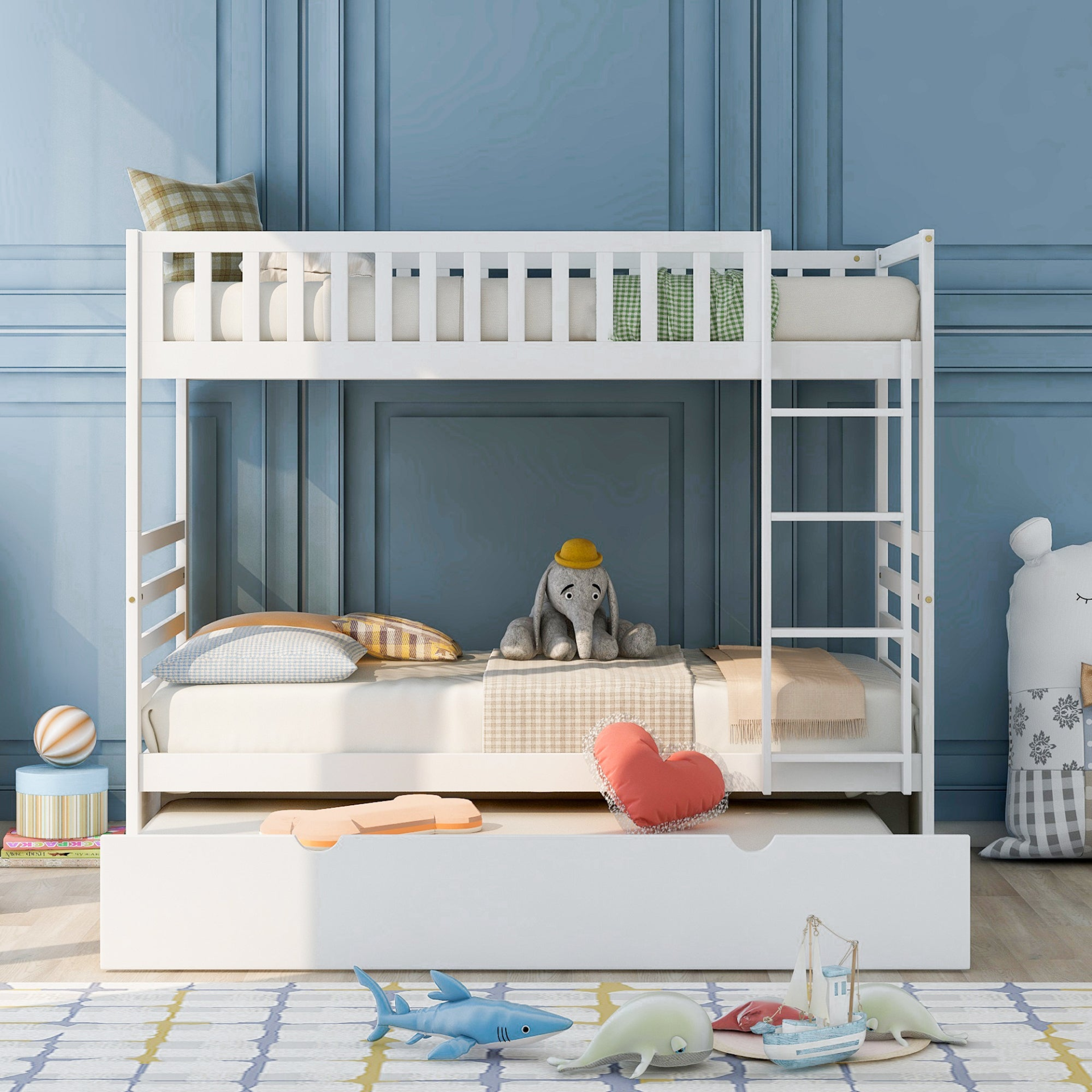 Bed | Twin Bunk Beds for Kids with Safety Rail and Movable Trundle bed | casafoyer.myshopify.com