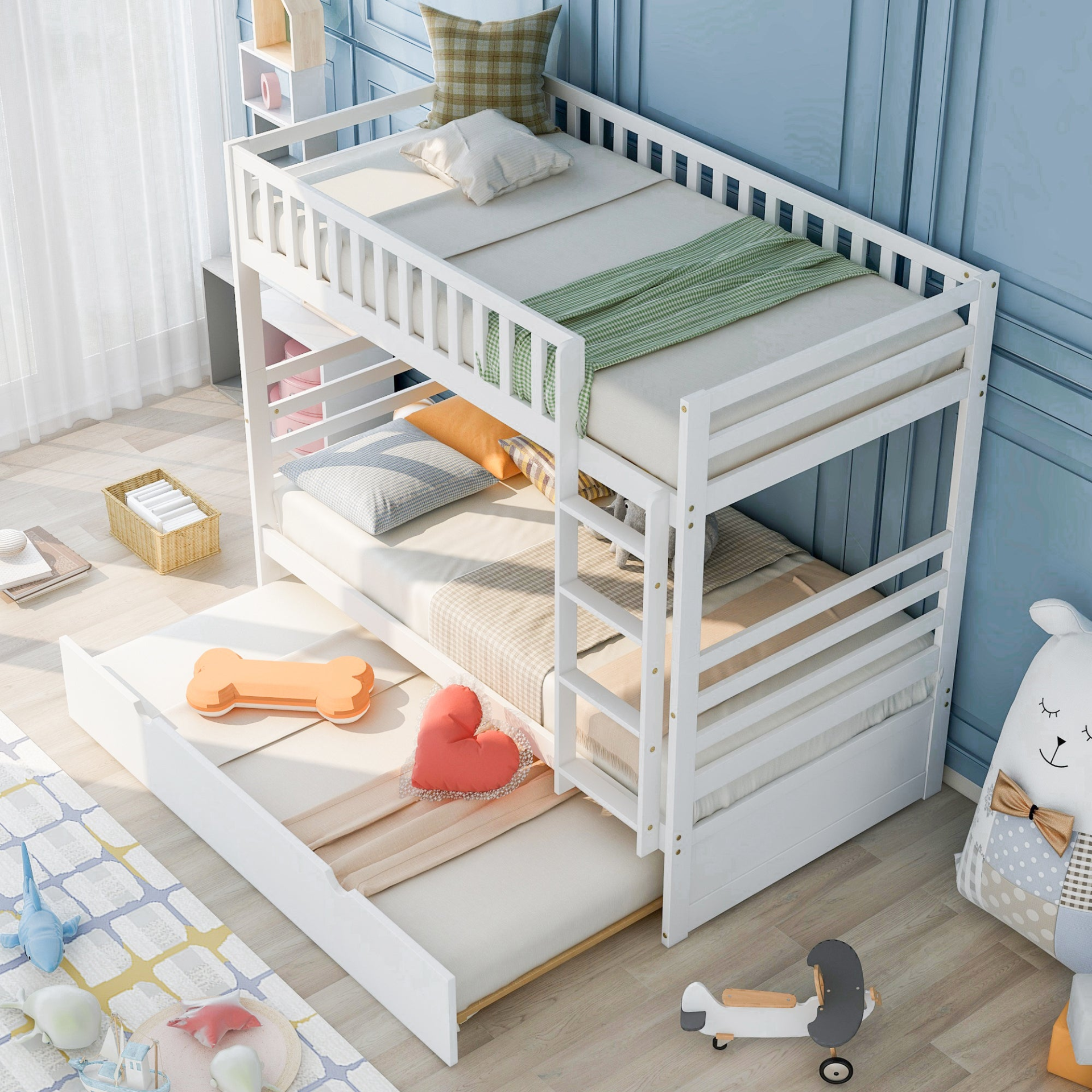 Bed | Twin Bunk Beds for Kids with Safety Rail and Movable Trundle bed | casafoyer.myshopify.com