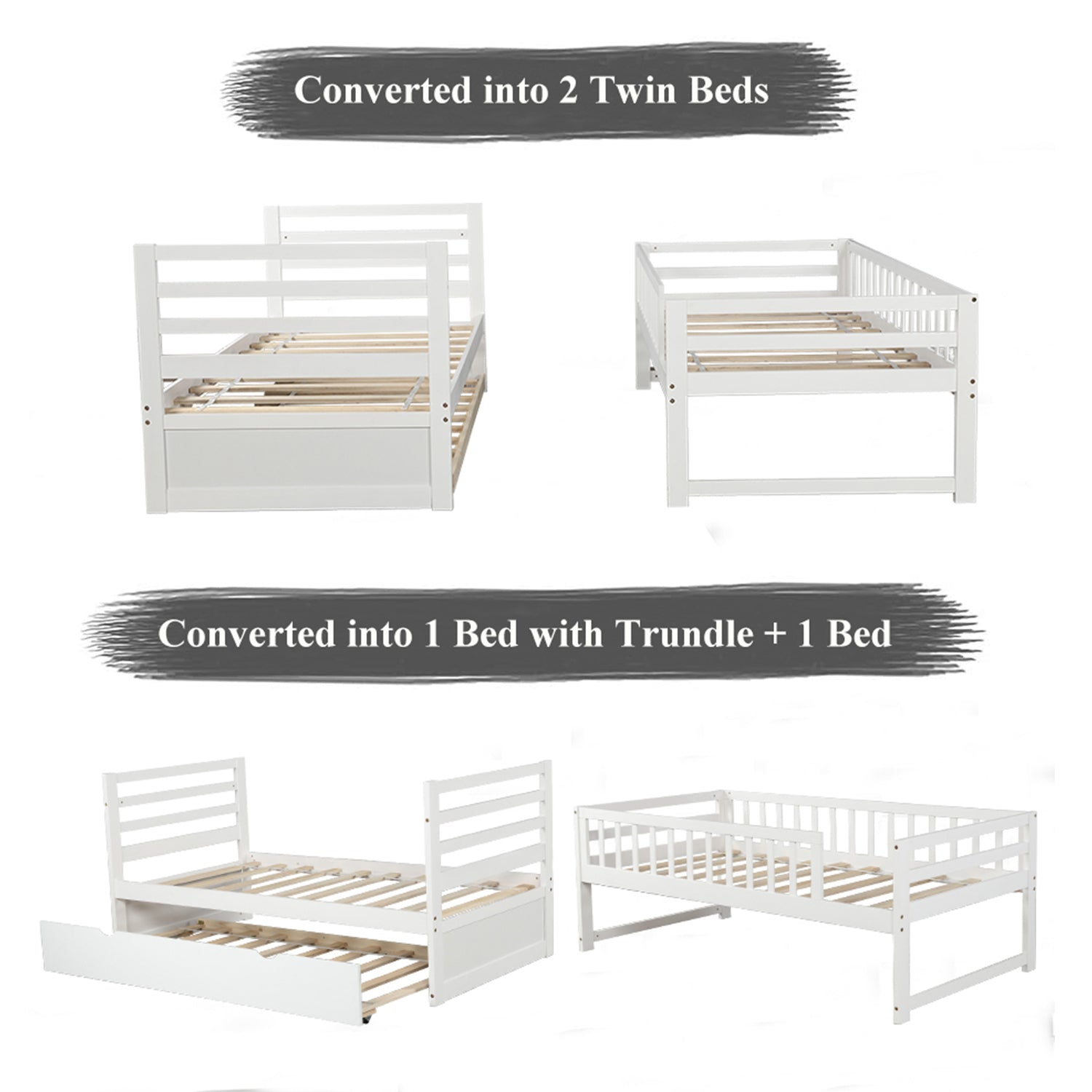 Bed | Twin Bunk Beds for Kids with Safety Rail and Movable Trundle bed | casafoyer.myshopify.com