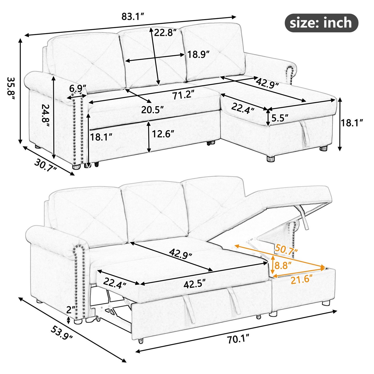 Sofa & Chair sets | Modern Convertible Sleeper Sofa Bed with Storage Chaise,Gray | casafoyer.myshopify.com