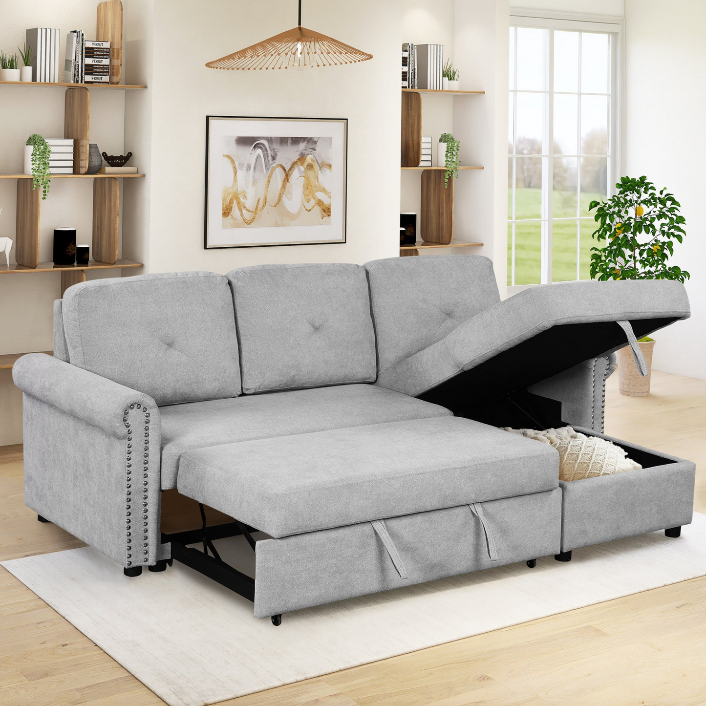 Sofa & Chair sets | Modern Convertible Sleeper Sofa Bed with Storage Chaise,Gray | casafoyer.myshopify.com