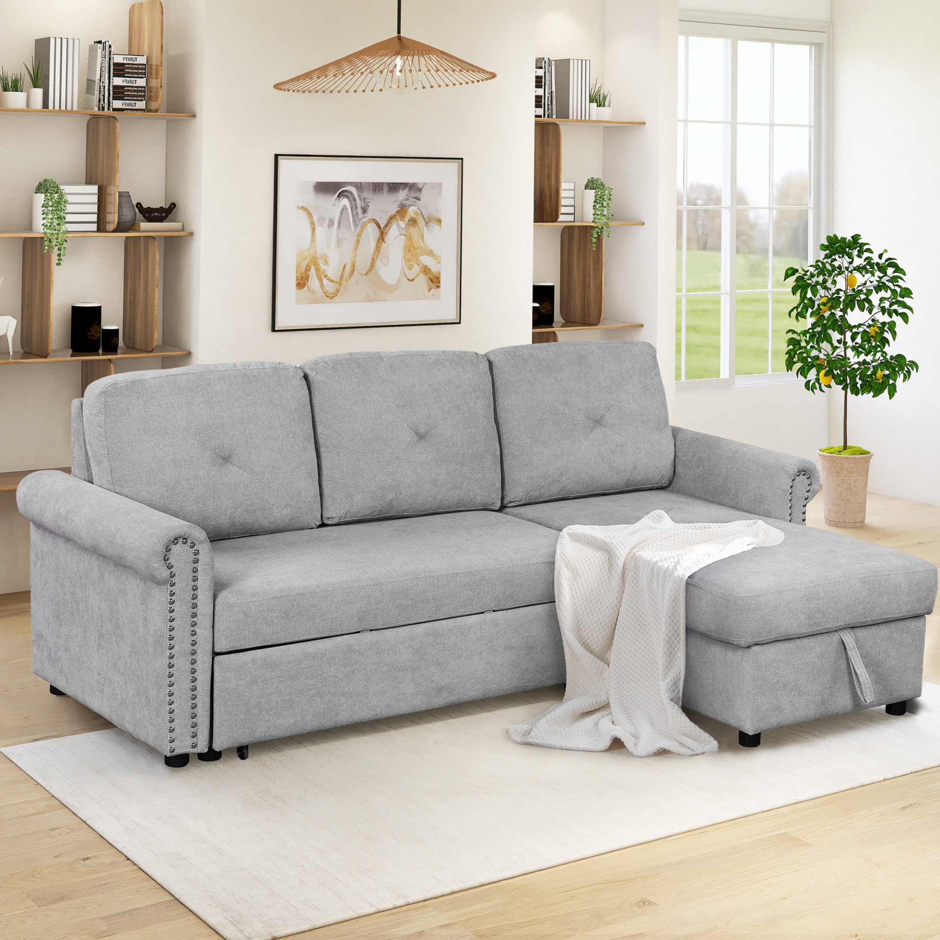 Sofa & Chair sets | Modern Convertible Sleeper Sofa Bed with Storage Chaise,Gray | casafoyer.myshopify.com