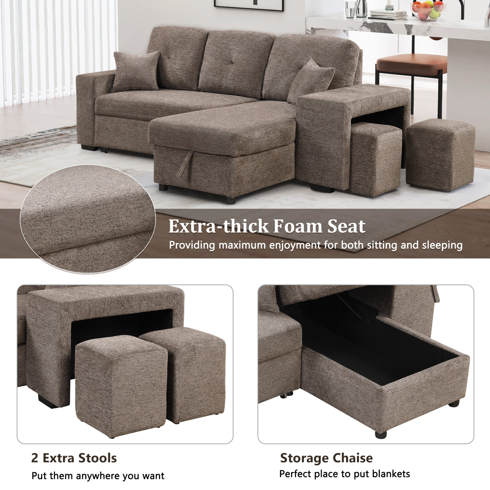 Sofa & Chair sets | Reversible Sleeper Sectional Sofa Bed with Side Shelf and 2 Stools,Pull-Out L-Shaped Sofa Bed,Corner Sofa-Bed with Storage Chaise Left/Right Hande for Living Room,Knox Charcoal | casafoyer.myshopify.com