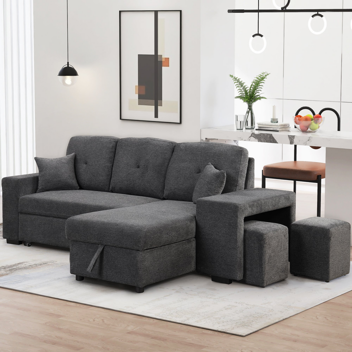 Sofa & Chair sets | Reversible Sleeper Sectional Sofa Bed with Side Shelf and 2 Stools - Blue Black | casafoyer.myshopify.com