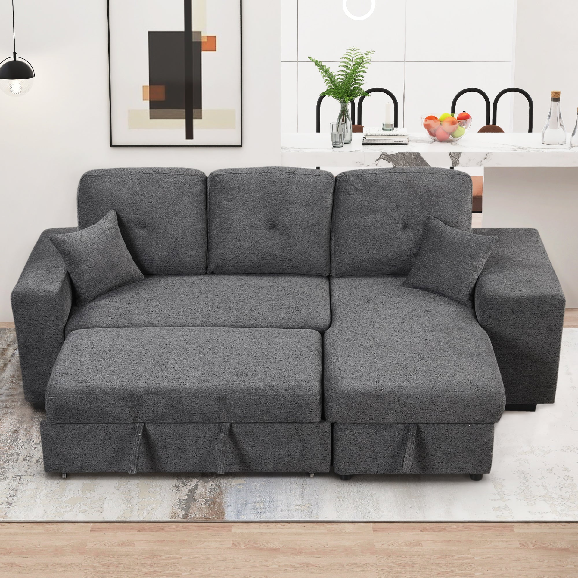 Sofa & Chair sets | Reversible Sleeper Sectional Sofa Bed with Side Shelf and 2 Stools - Blue Black | casafoyer.myshopify.com