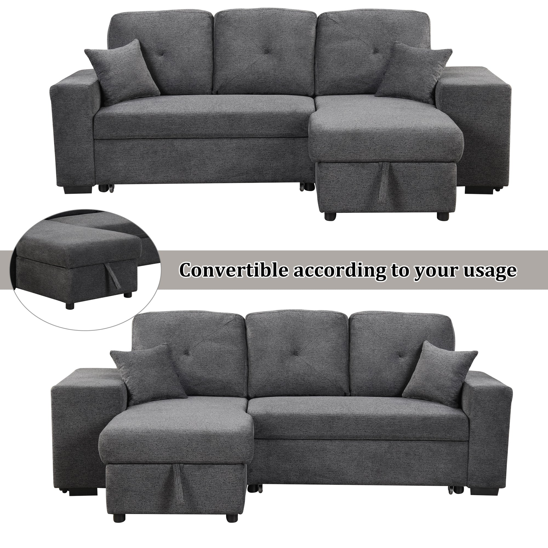 Sofa & Chair sets | Reversible Sleeper Sectional Sofa Bed with Side Shelf and 2 Stools - Blue Black | casafoyer.myshopify.com