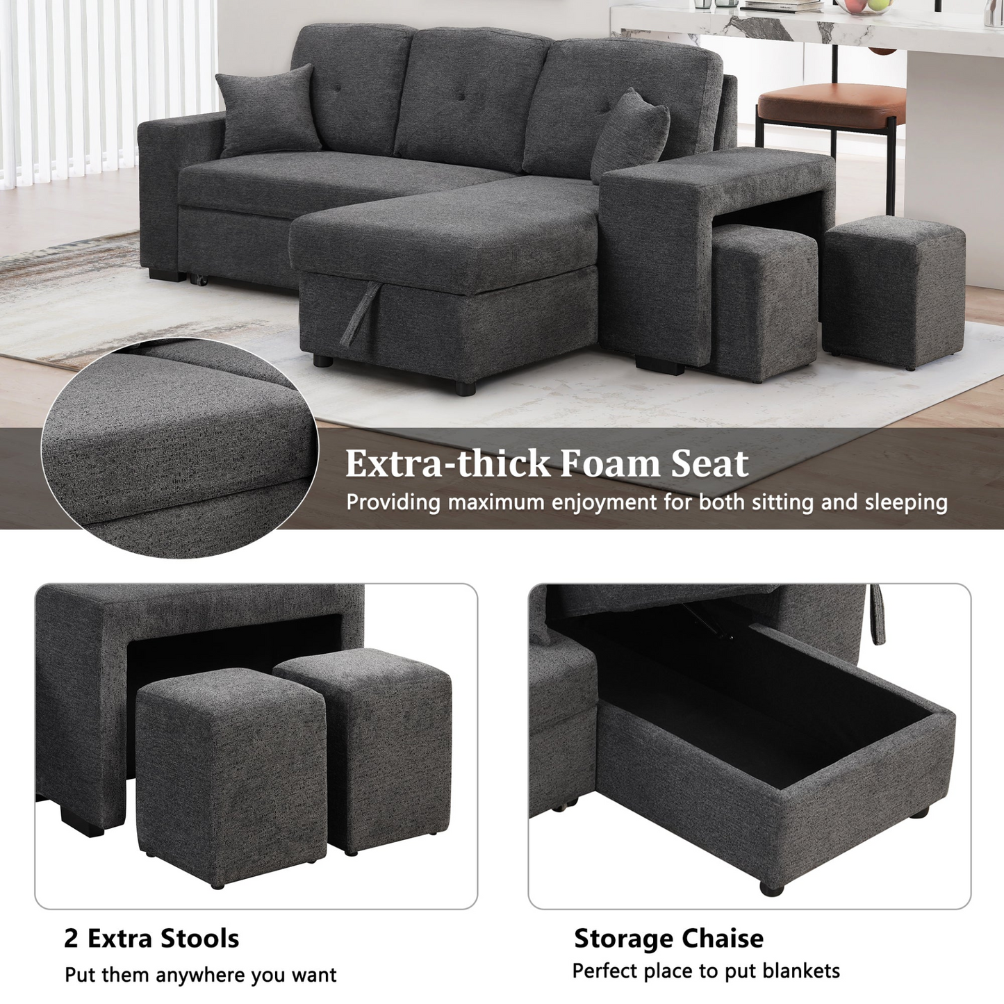 Sofa & Chair sets | Reversible Sleeper Sectional Sofa Bed with Side Shelf and 2 Stools - Blue Black | casafoyer.myshopify.com