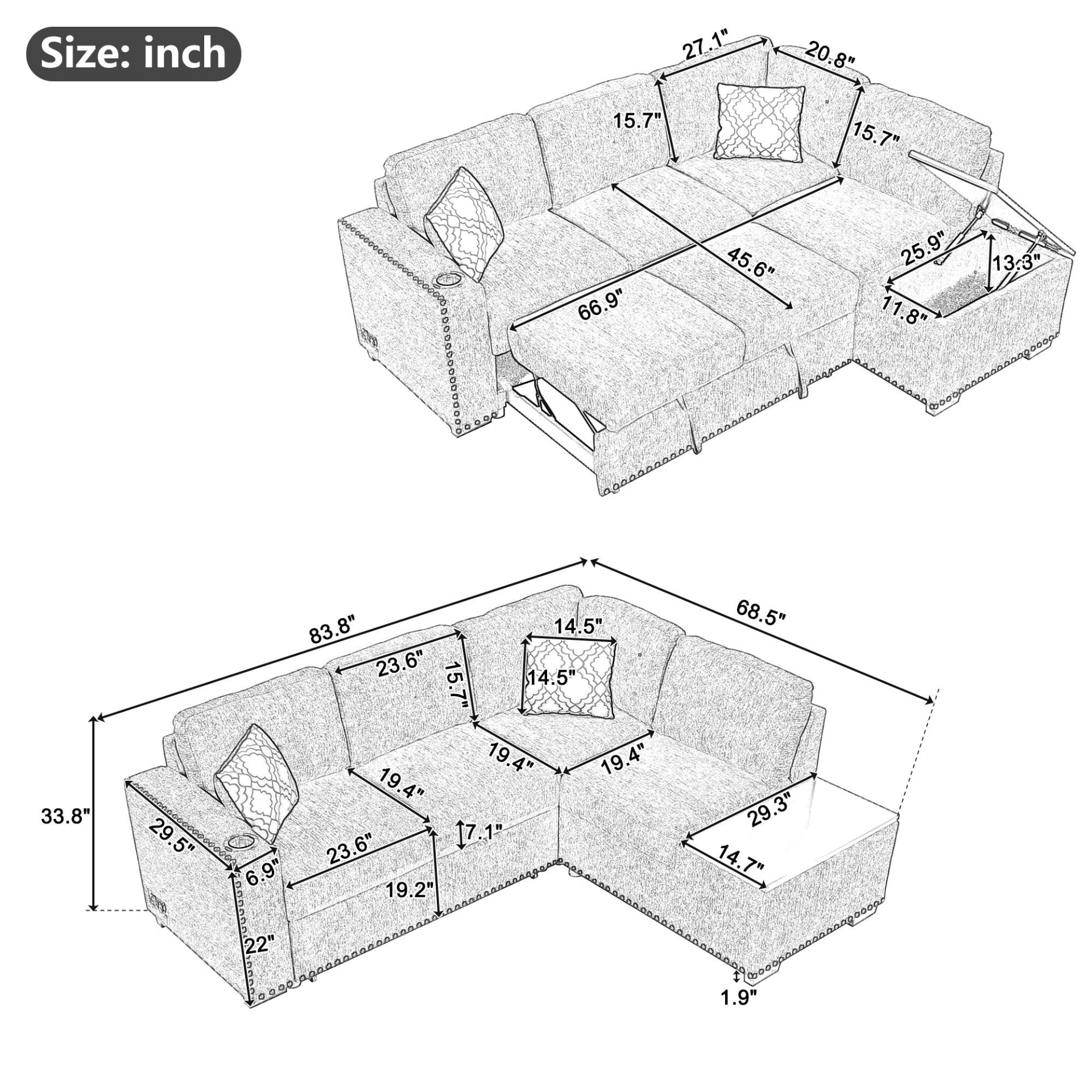 Sofa & Chair sets | Sectional Pull-Out Sofa Bed L-Shaped Corner Sofa Couch with Storage Chaise, USB Ports, Power Sockets, Cup Holder for Living Room, Bedroom, Study, Black | casafoyer.myshopify.com