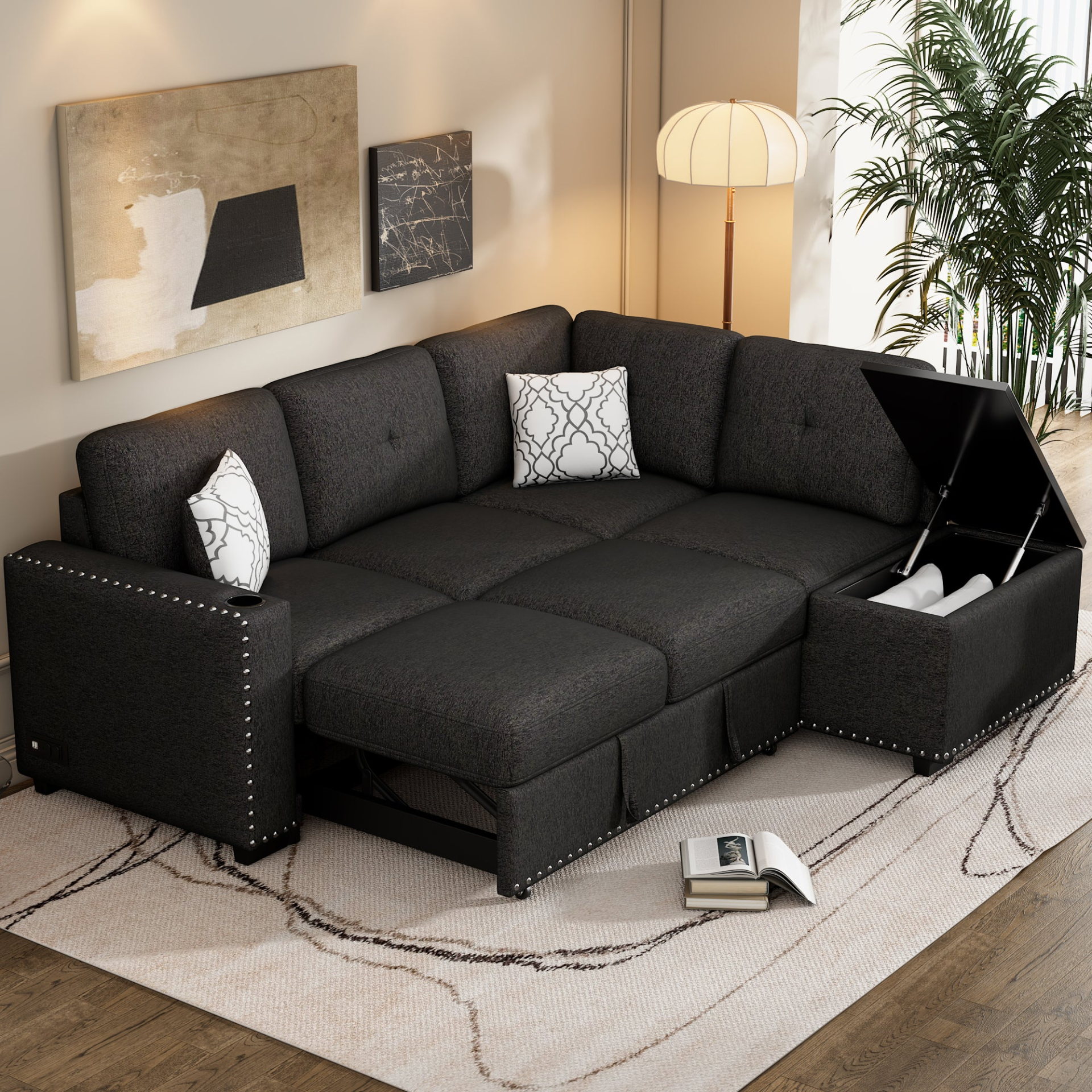 Sofa & Chair sets | Sectional Pull-Out Sofa Bed L-Shaped Corner Sofa Couch with Storage Chaise, USB Ports, Power Sockets, Cup Holder for Living Room, Bedroom, Study, Black | casafoyer.myshopify.com