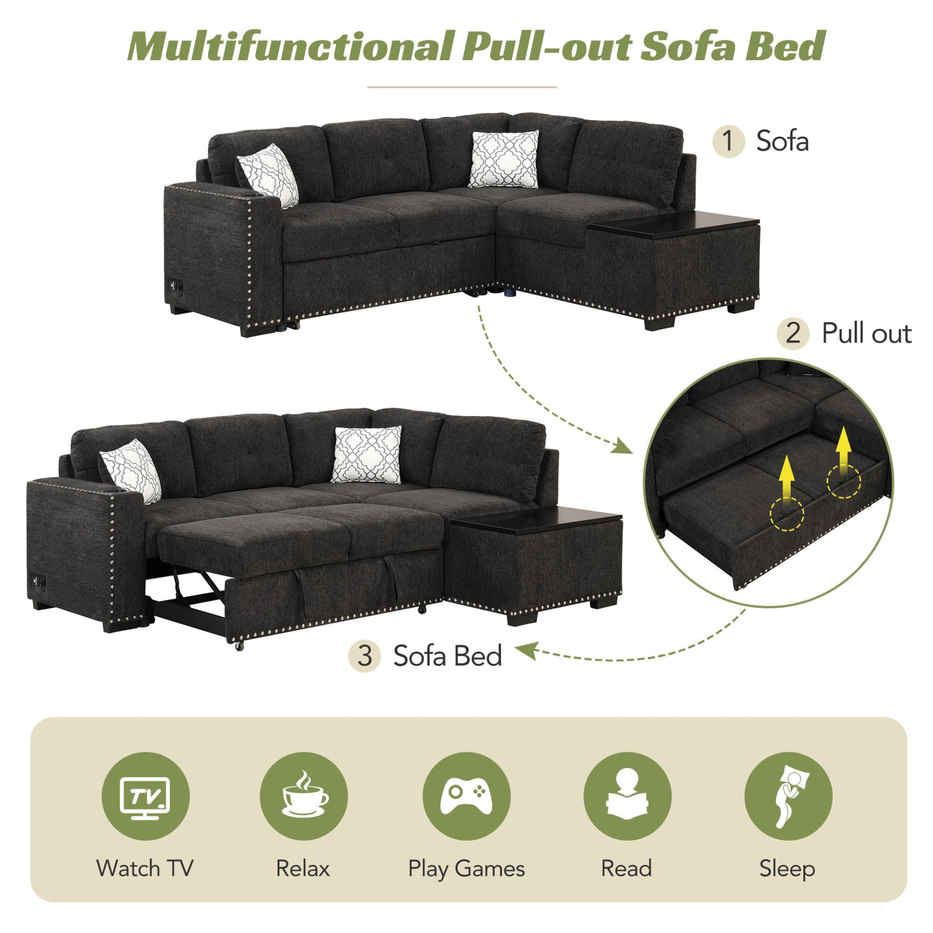 Sofa & Chair sets | Sectional Pull-Out Sofa Bed L-Shaped Corner Sofa Couch with Storage Chaise, USB Ports, Power Sockets, Cup Holder for Living Room, Bedroom, Study, Black | casafoyer.myshopify.com