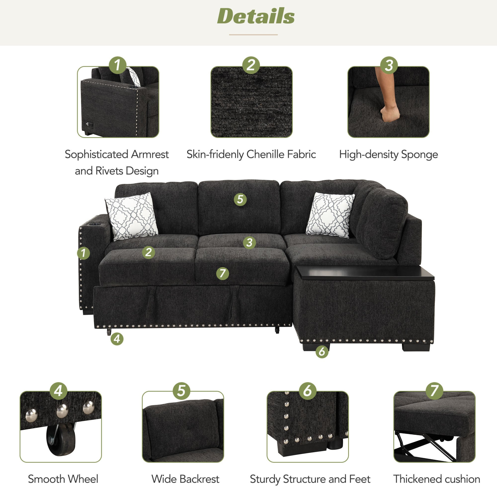 Sofa & Chair sets | Sectional Pull-Out Sofa Bed L-Shaped Corner Sofa Couch with Storage Chaise, USB Ports, Power Sockets, Cup Holder for Living Room, Bedroom, Study, Black | casafoyer.myshopify.com