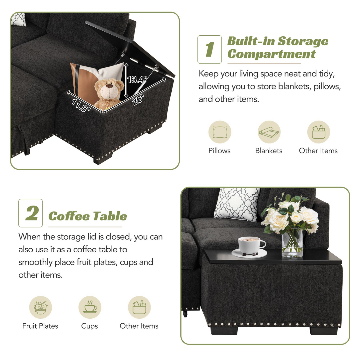 Sofa & Chair sets | Sectional Pull-Out Sofa Bed L-Shaped Corner Sofa Couch with Storage Chaise, USB Ports, Power Sockets, Cup Holder for Living Room, Bedroom, Study, Black | casafoyer.myshopify.com