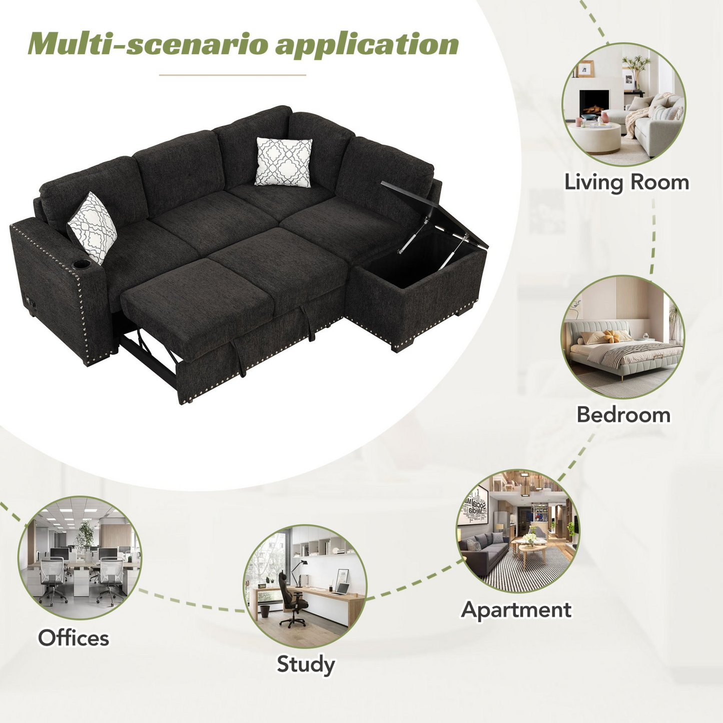 Sofa & Chair sets | Sectional Pull-Out Sofa Bed L-Shaped Corner Sofa Couch with Storage Chaise, USB Ports, Power Sockets, Cup Holder for Living Room, Bedroom, Study, Black | casafoyer.myshopify.com