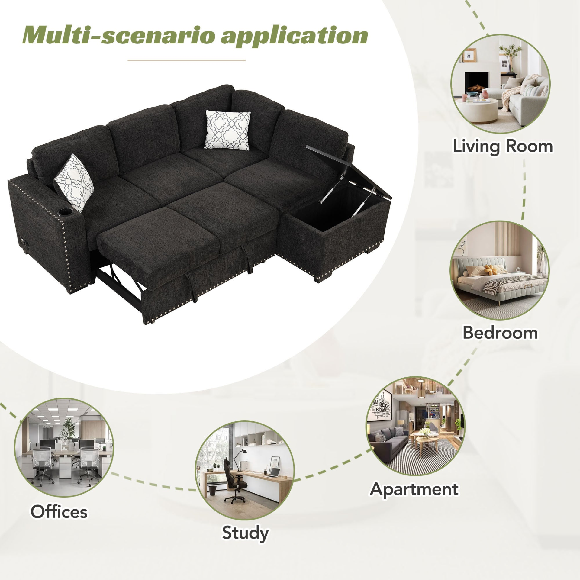 Sofa & Chair sets | Sectional Pull-Out Sofa Bed L-Shaped Corner Sofa Couch with Storage Chaise, USB Ports, Power Sockets, Cup Holder for Living Room, Bedroom, Study, Black | casafoyer.myshopify.com