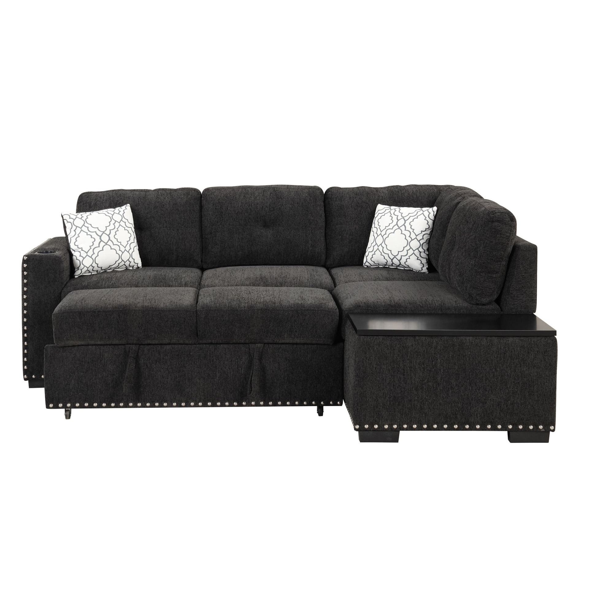 Sofa & Chair sets | Sectional Pull-Out Sofa Bed L-Shaped Corner Sofa Couch with Storage Chaise, USB Ports, Power Sockets, Cup Holder for Living Room, Bedroom, Study, Black | casafoyer.myshopify.com