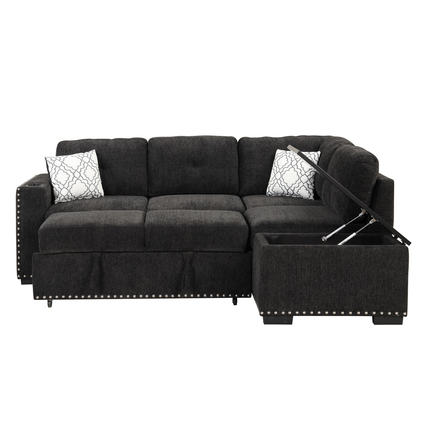 Sofa & Chair sets | Sectional Pull-Out Sofa Bed L-Shaped Corner Sofa Couch with Storage Chaise, USB Ports, Power Sockets, Cup Holder for Living Room, Bedroom, Study, Black | casafoyer.myshopify.com