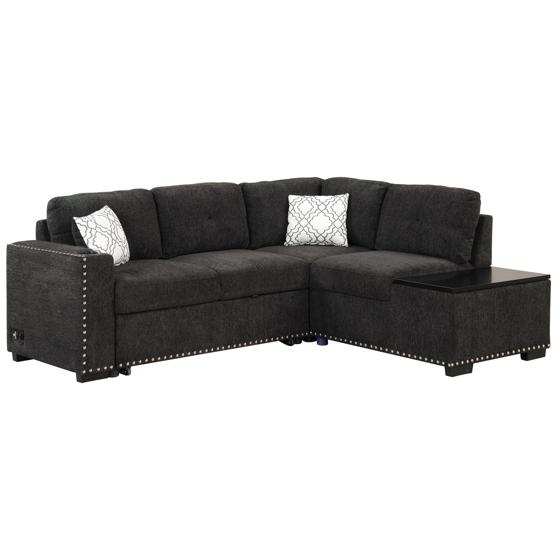 Sofa & Chair sets | Sectional Pull-Out Sofa Bed L-Shaped Corner Sofa Couch with Storage Chaise, USB Ports, Power Sockets, Cup Holder for Living Room, Bedroom, Study, Black | casafoyer.myshopify.com