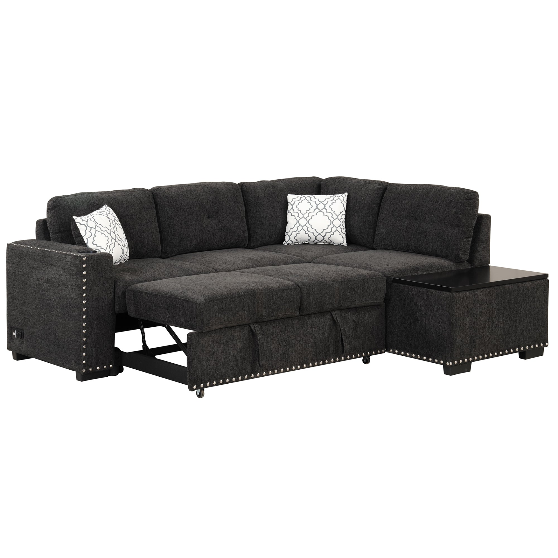 Sofa & Chair sets | Sectional Pull-Out Sofa Bed L-Shaped Corner Sofa Couch with Storage Chaise, USB Ports, Power Sockets, Cup Holder for Living Room, Bedroom, Study, Black | casafoyer.myshopify.com