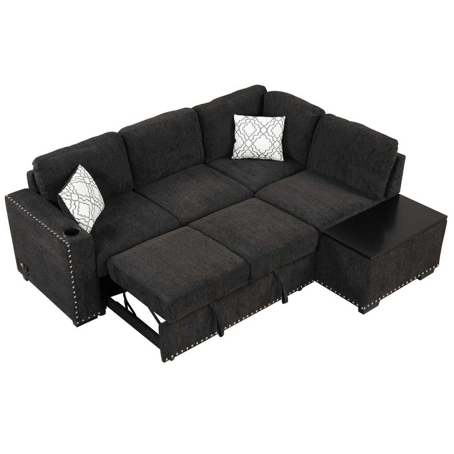 Sofa & Chair sets | Sectional Pull-Out Sofa Bed L-Shaped Corner Sofa Couch with Storage Chaise, USB Ports, Power Sockets, Cup Holder for Living Room, Bedroom, Study, Black | casafoyer.myshopify.com