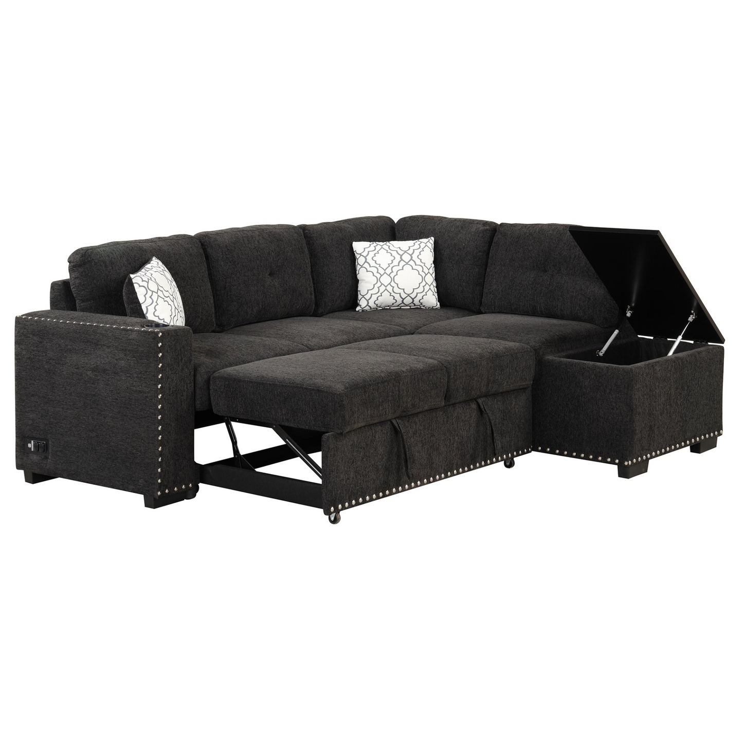 Sofa & Chair sets | Sectional Pull-Out Sofa Bed L-Shaped Corner Sofa Couch with Storage Chaise, USB Ports, Power Sockets, Cup Holder for Living Room, Bedroom, Study, Black | casafoyer.myshopify.com