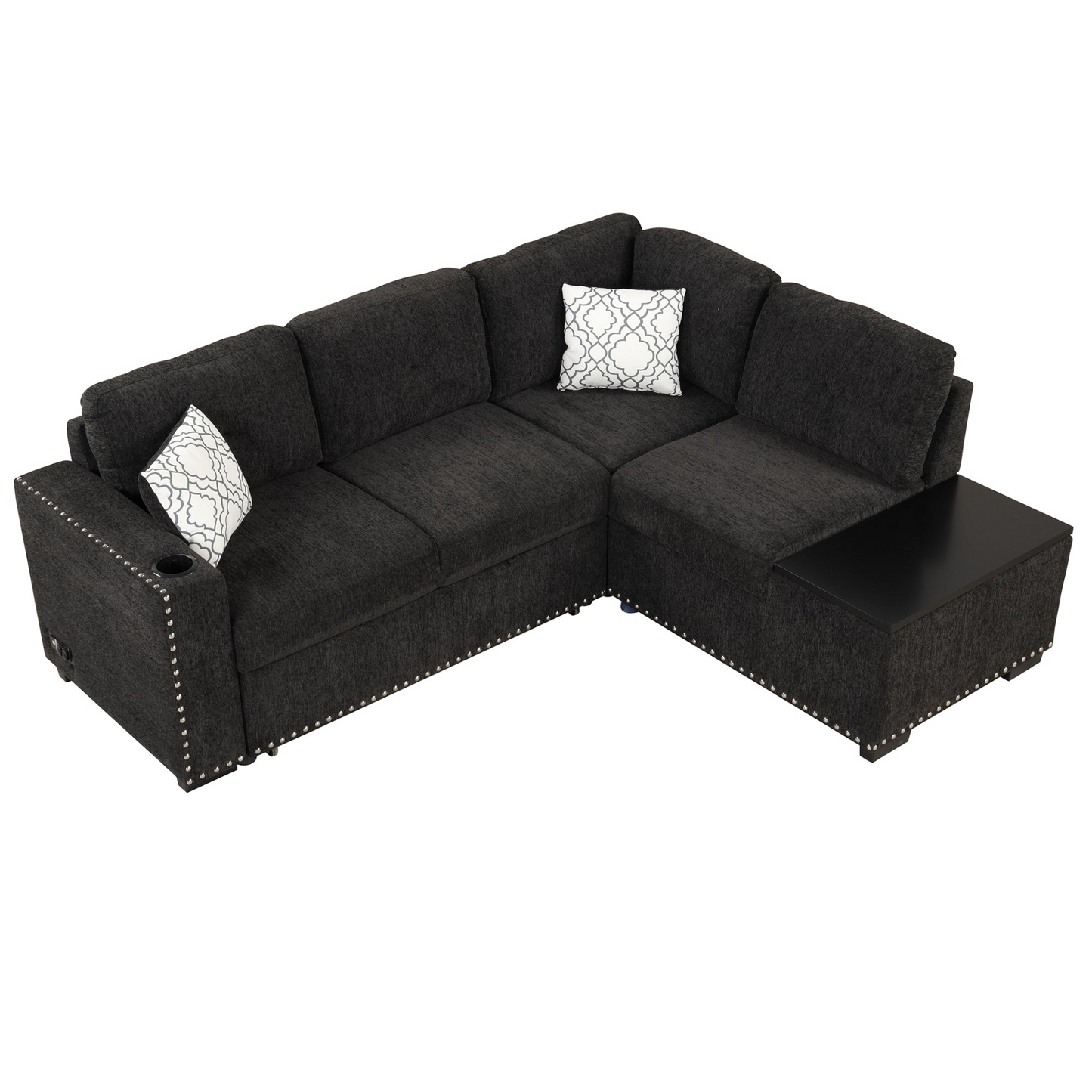 Sofa & Chair sets | Sectional Pull-Out Sofa Bed L-Shaped Corner Sofa Couch with Storage Chaise, USB Ports, Power Sockets, Cup Holder for Living Room, Bedroom, Study, Black | casafoyer.myshopify.com