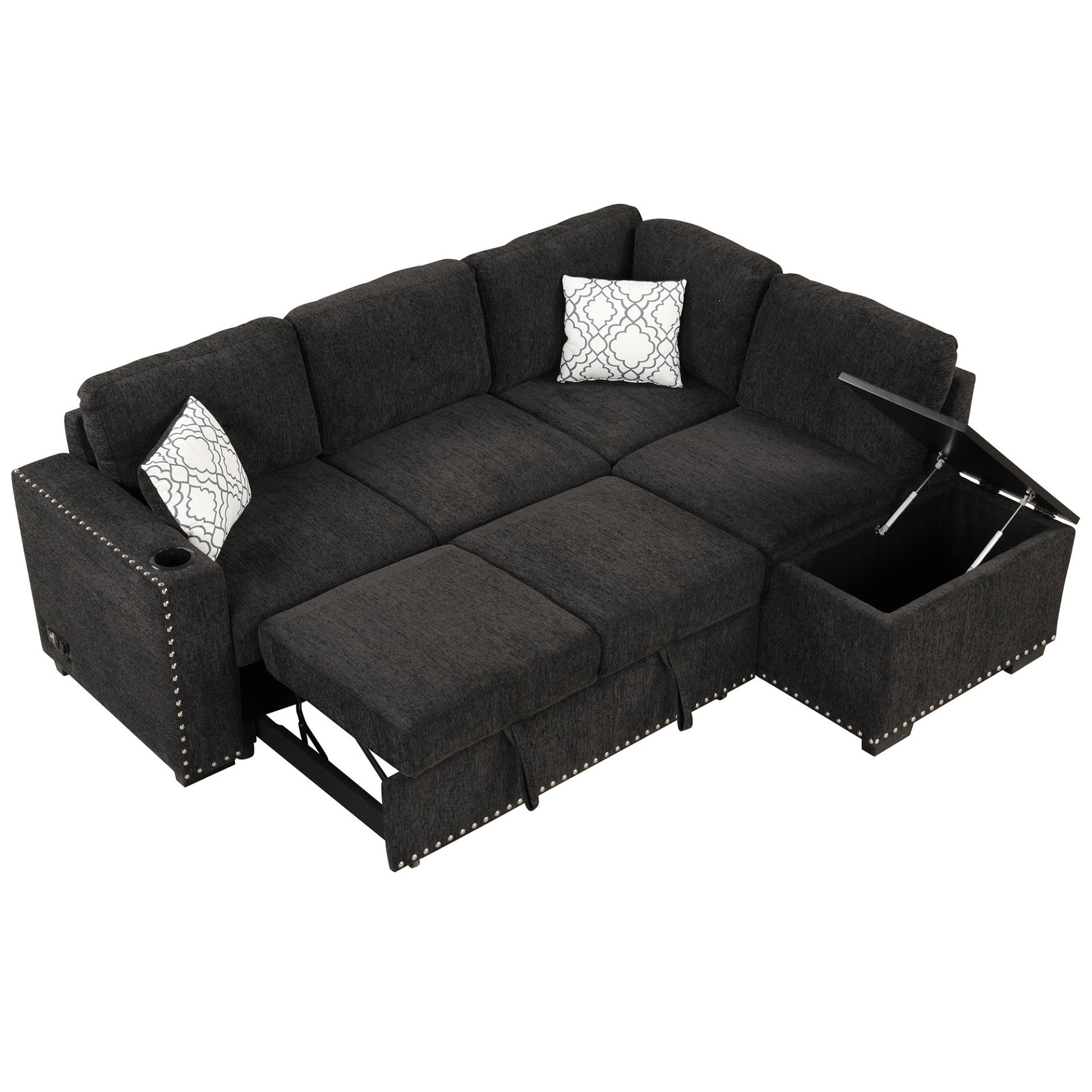 Sofa & Chair sets | Sectional Pull-Out Sofa Bed L-Shaped Corner Sofa Couch with Storage Chaise, USB Ports, Power Sockets, Cup Holder for Living Room, Bedroom, Study, Black | casafoyer.myshopify.com