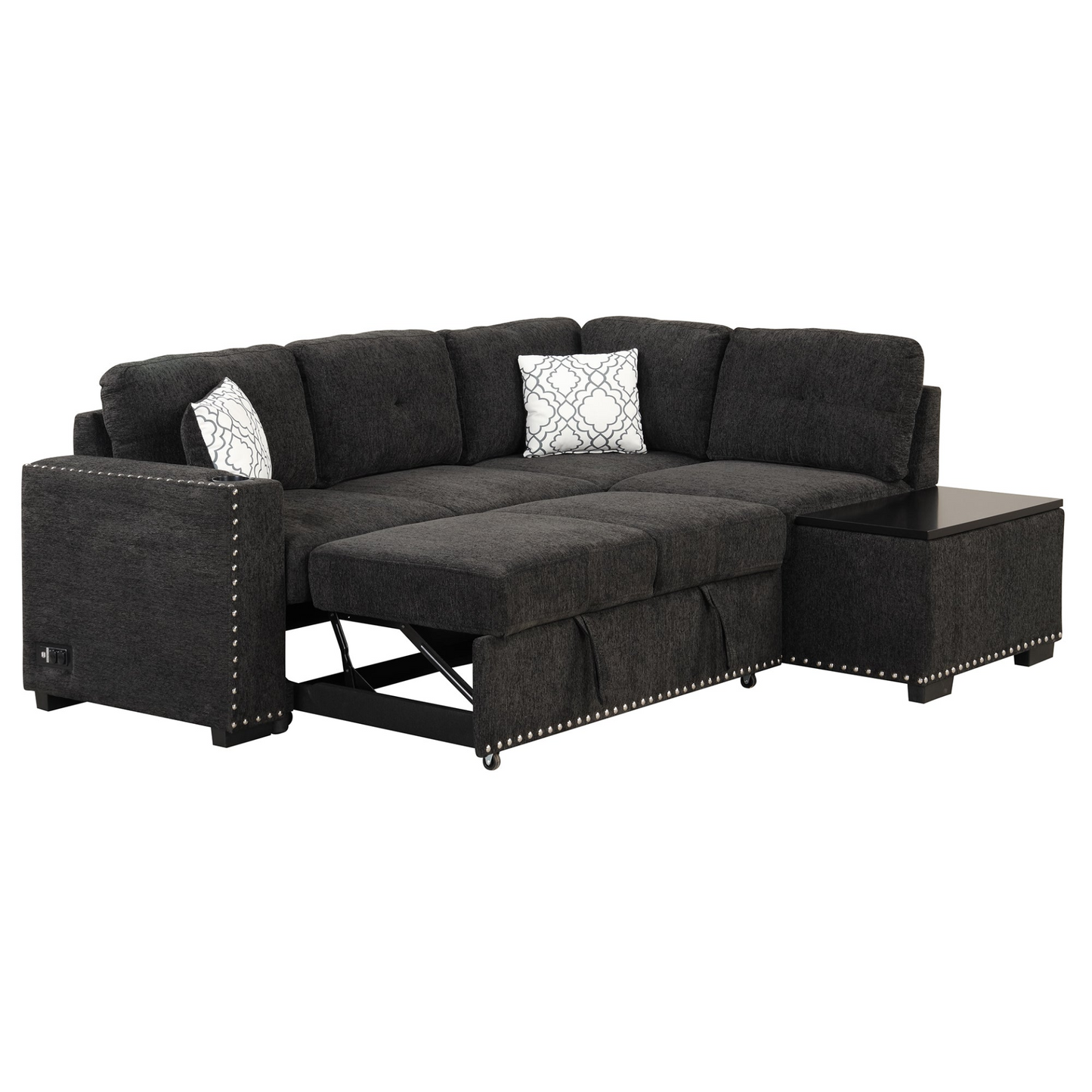 Sofa & Chair sets | Sectional Pull-Out Sofa Bed L-Shaped Corner Sofa Couch with Storage Chaise, USB Ports, Power Sockets, Cup Holder for Living Room, Bedroom, Study, Black | casafoyer.myshopify.com